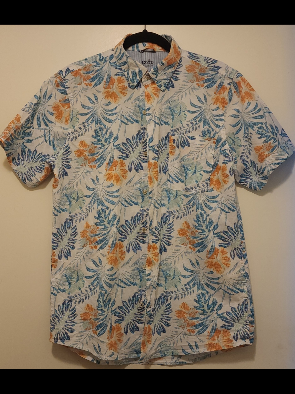 IZOD Men’s Short-Sleeve Tropical Print Shirt - White/Blue/Orange